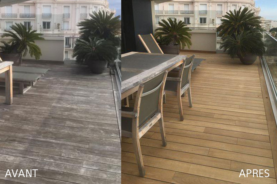 Dégriseur terrasse en bois avant et après